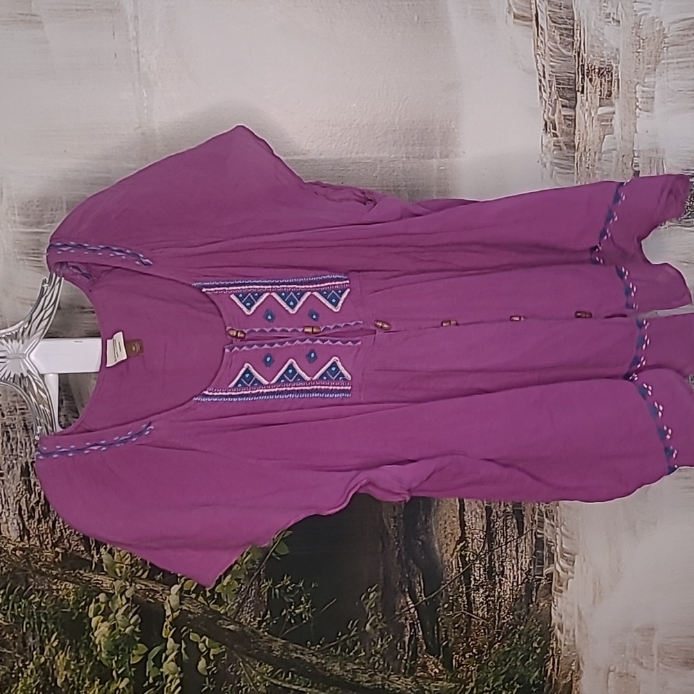 Sonoma Womens 3X flowy purple blue short sleeve embroidered button up blouse